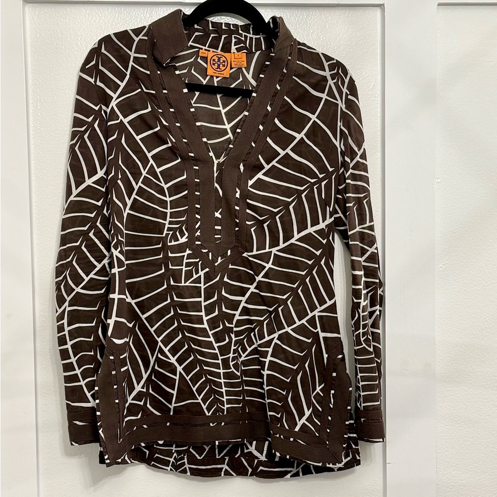 Tory Burch Classic Brown & White Leaf Print Tunic